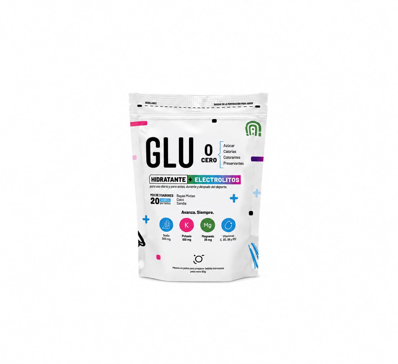 Bebida Hidratante Glu Mix de 3 Sabores (Bayas Mixtas,Coco,Sandía) 20 sobres.